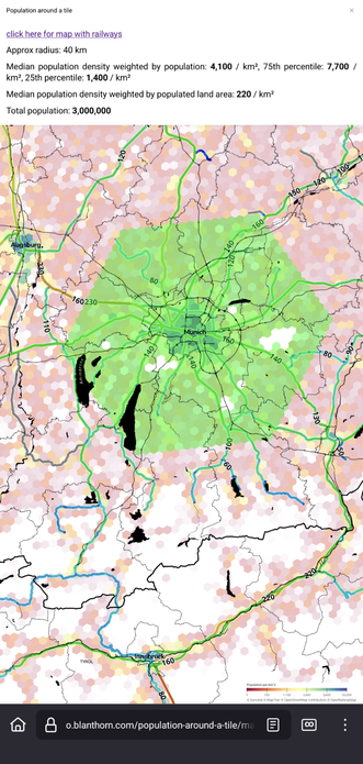 a screenshot of a population density map of the area surrounding Munich. a green hexagon with a radius of 40km is overlaid containing approximately 3 million people