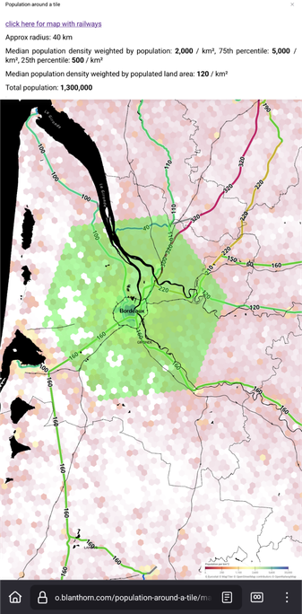 a screenshot of a population density map of the area surrounding Bordeaux. a green hexagon with a radius of 40km is overlaid containing approximately 1.3 million people
