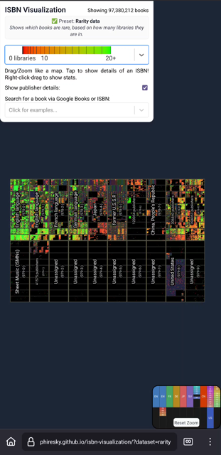 A visualisation of ISBNs coloured by the rarity of each book. Japanese books tend to be rarer than other languages. The animation pans and zooms into one specific book