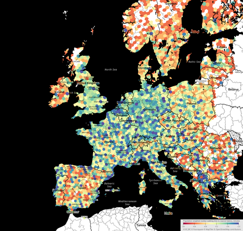 A chloropleth map of Europe coloured by the time it takes the median person to walk to their nearest bakery. If you see weird minus signs on the legend it is totally something on your screen because I would never multiply 50,000 numbers by minus one to invert a colour scheme