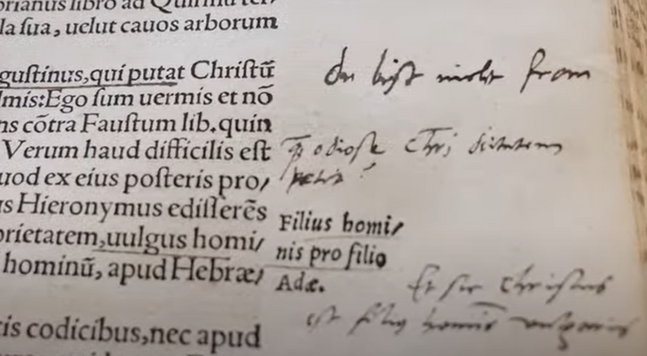 Image of criticism from Martin Luther towards Erasmus van Rotterdam in the margins of the New Testament from 1527.

Martin Luther's comment aimed at Erasmus of Rotterdam: ‘du bist nicht from’ (you are not pious) carved in the margins in thick black pencil strokes. 