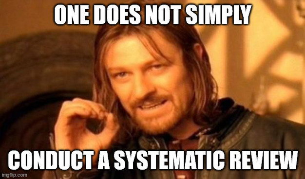 Meme of Boromir of Lord of the Rings saying: One does not simply conduct a systematic review.
