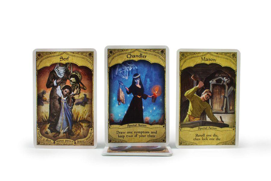 Three character cards with individual artworks. They are titled "Serf", "Chandler", and "Mason". The "Serf" card on the left reads "Reroll 2 dice", "Move pawn (elblow, dash, push)", and "Draw remedy". The "Chandler" card in the middle reads "Special action. Draw one symptom and keep two of your three". The "Mason" card on the right reads "Special action. Reroll one die, then lock one die".