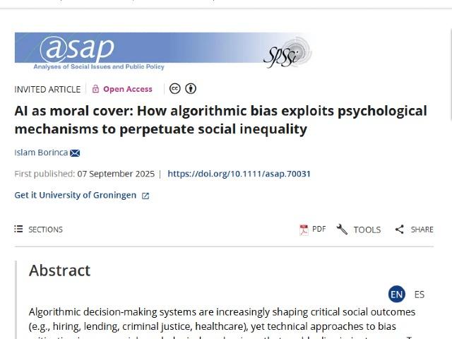 Title page of paper "AI as moral cover: How algorithmic bias exploits psychological mechanisms to perpetuate social inequality"